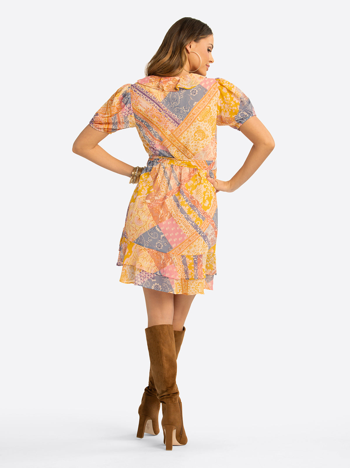 Jessica Simpson Online | JS Jessica Simpson Yasmin Ruffle Wrap Dress in Multi Celestial Patchwo