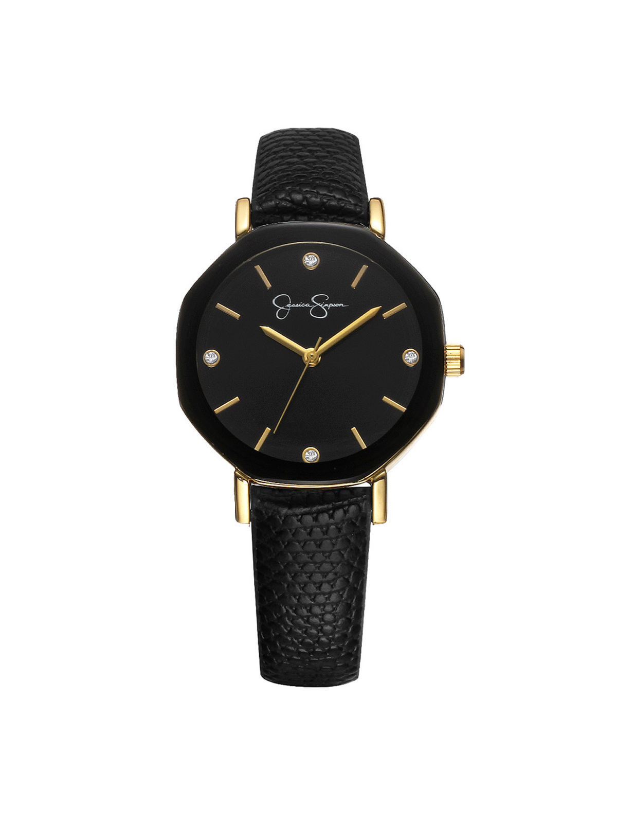 Jessica Simpson On Sale | Metallized Bezel Strap Watch in Black & Gold Tone