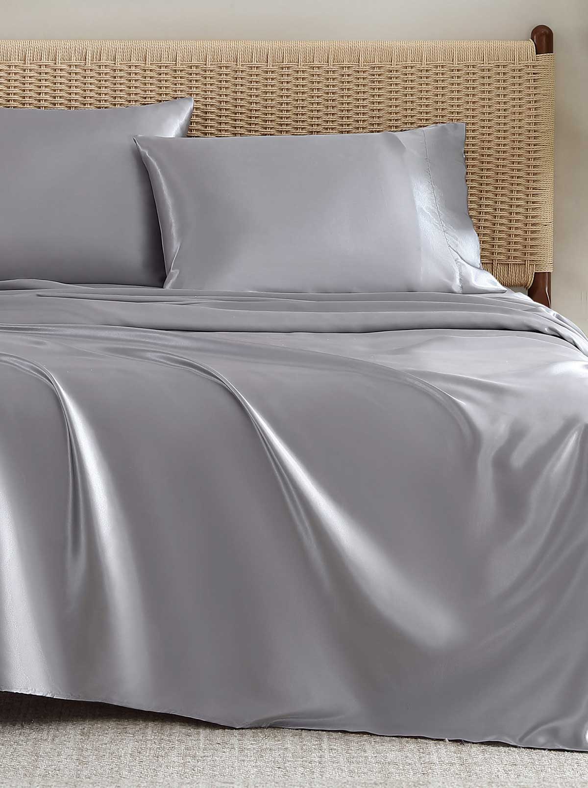 Jessica Simpson On Sale | Silky Satin Sheet Set in Harbor Mist Grey