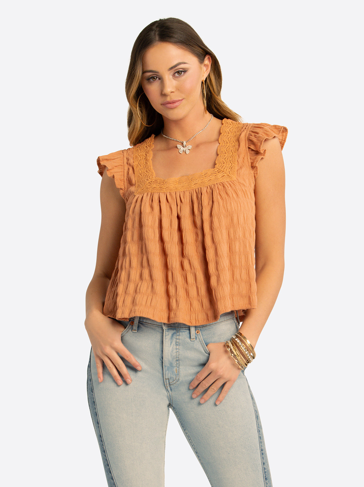 Jessica Simpson Online | JS Jessica Simpson Dani Lace Trimmed Blouse in Camel