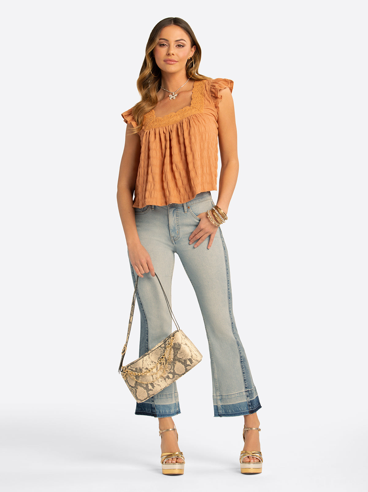 Jessica Simpson Online | JS Jessica Simpson Dani Lace Trimmed Blouse in Camel