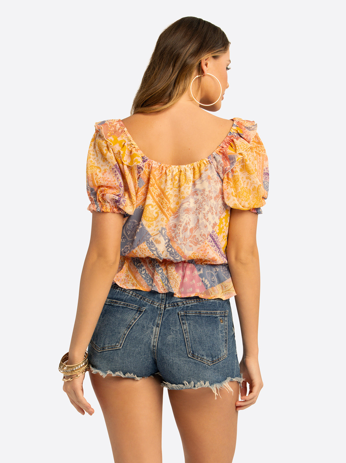 Jessica Simpson Sale | JS Jessica Simpson Cozette Peplum Blouse in Multi Celestial Patchwork