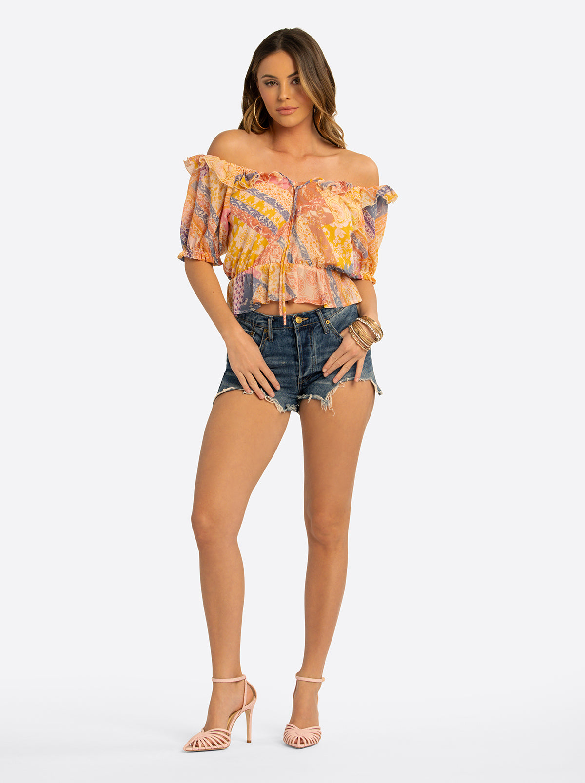Jessica Simpson Sale | JS Jessica Simpson Cozette Peplum Blouse in Multi Celestial Patchwork