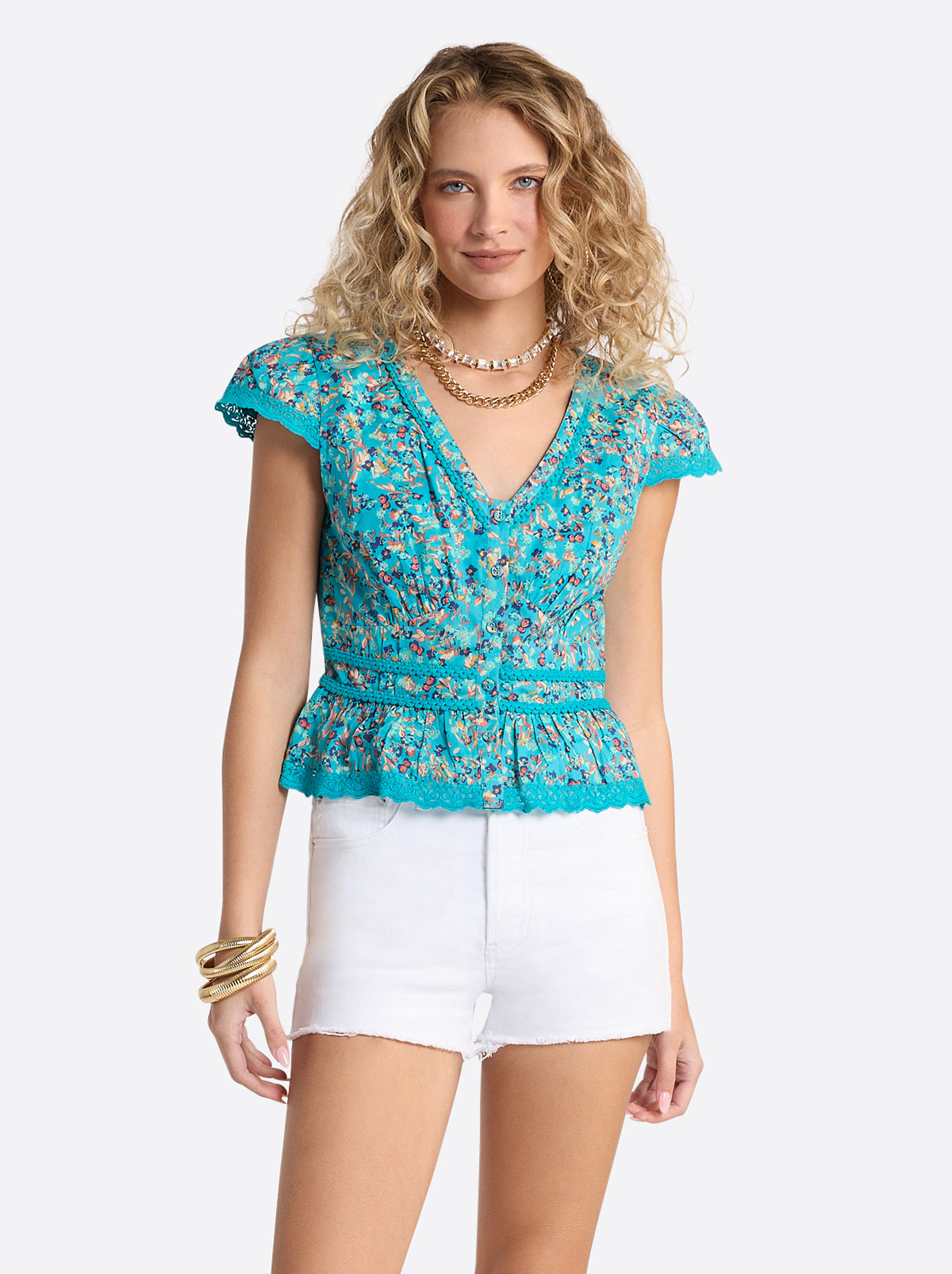 Jessica Simpson On Sale | Alessia Blouse in Tile Blue Acrylic Ditsy