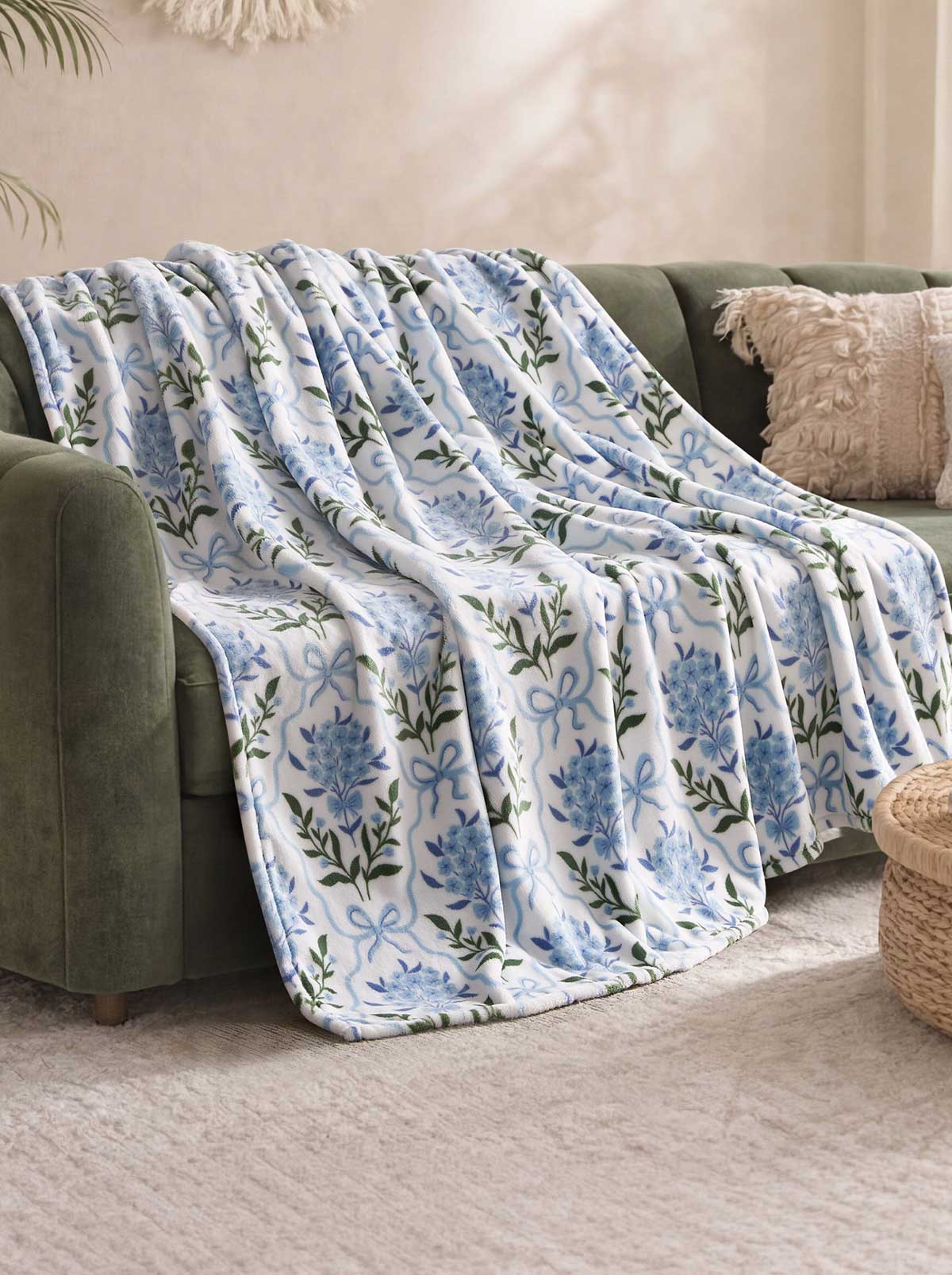 Jessica Simpson On Sale | Plush Throw Blanket in Bow Floral Trellis Blue