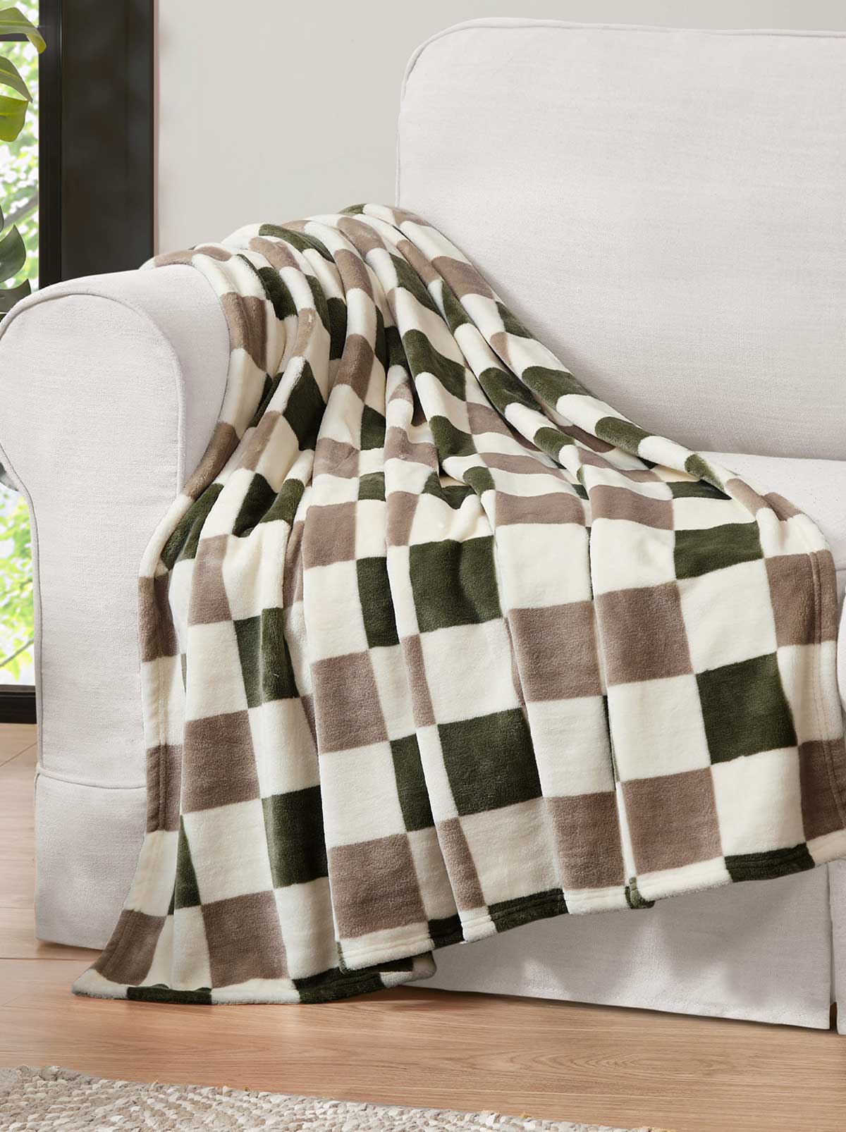 Jessica Simpson Online | Emery Checkerboard Plush Throw in Olive & Grey