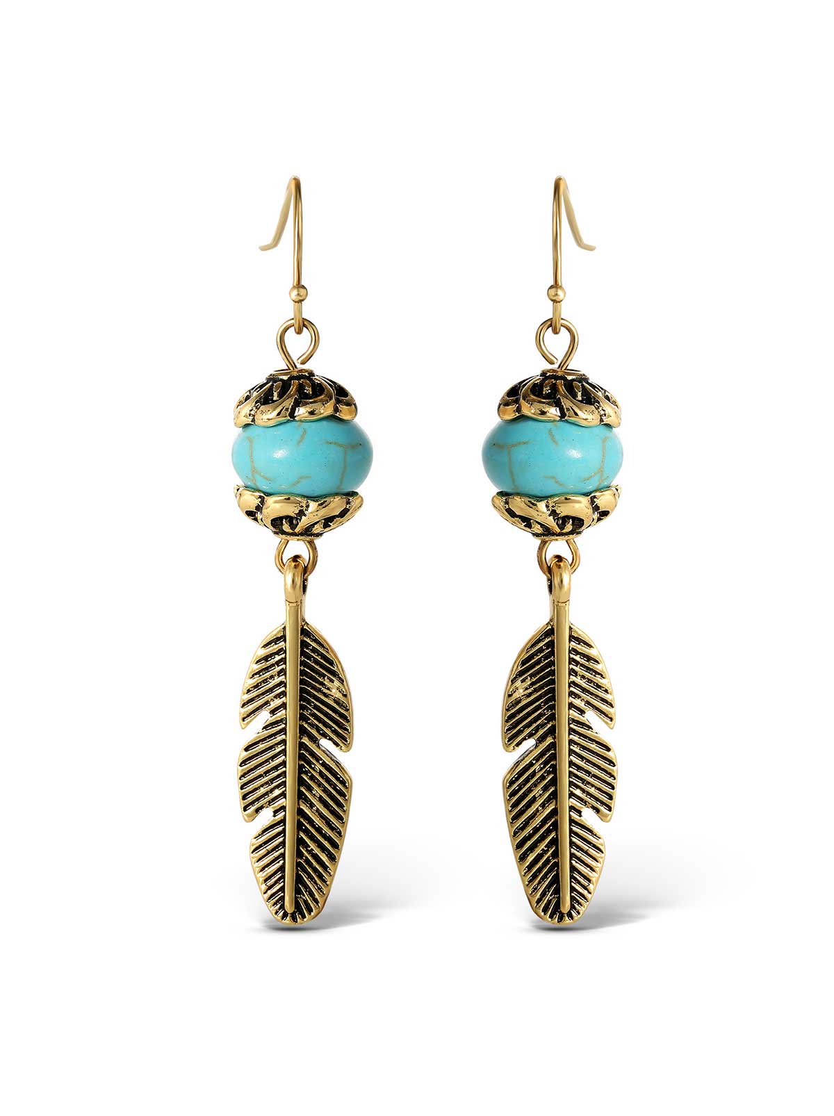 Jessica Simpson On Sale | Turquoise Bead Feather Drop Earrings in Gold