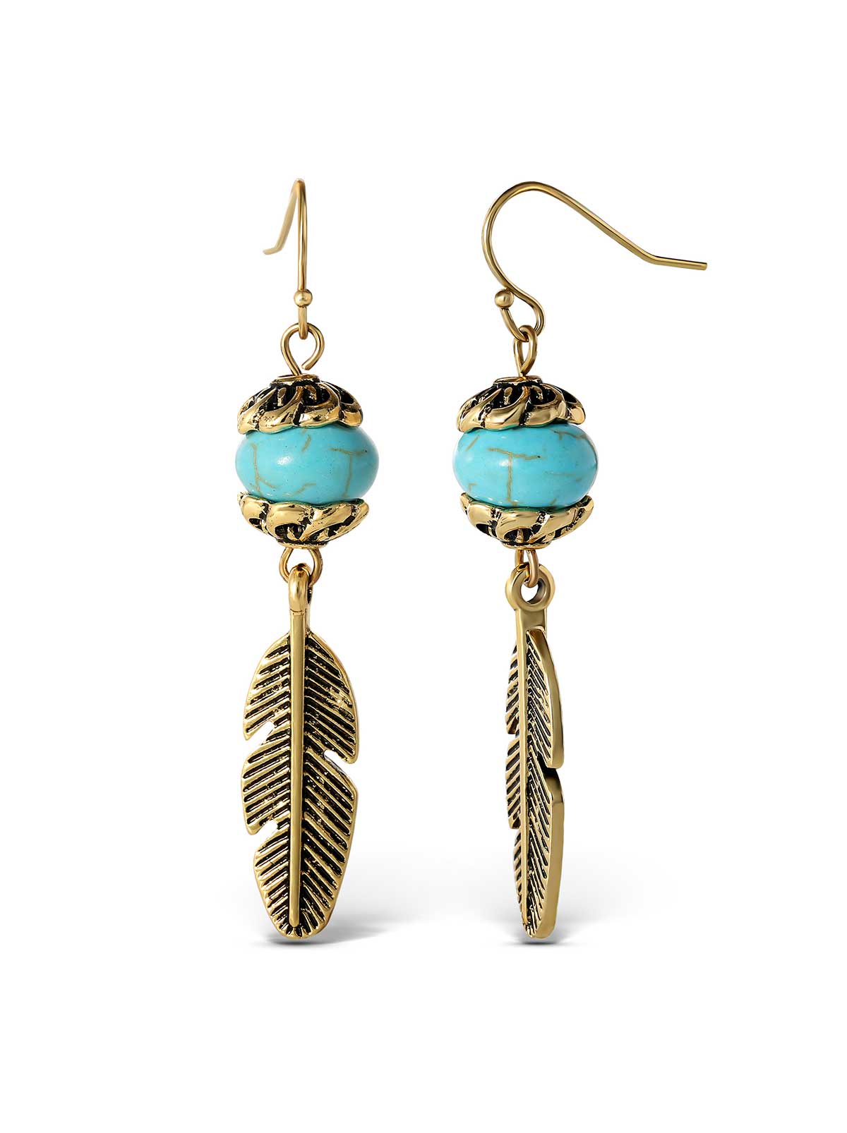Jessica Simpson On Sale | Turquoise Bead Feather Drop Earrings in Gold