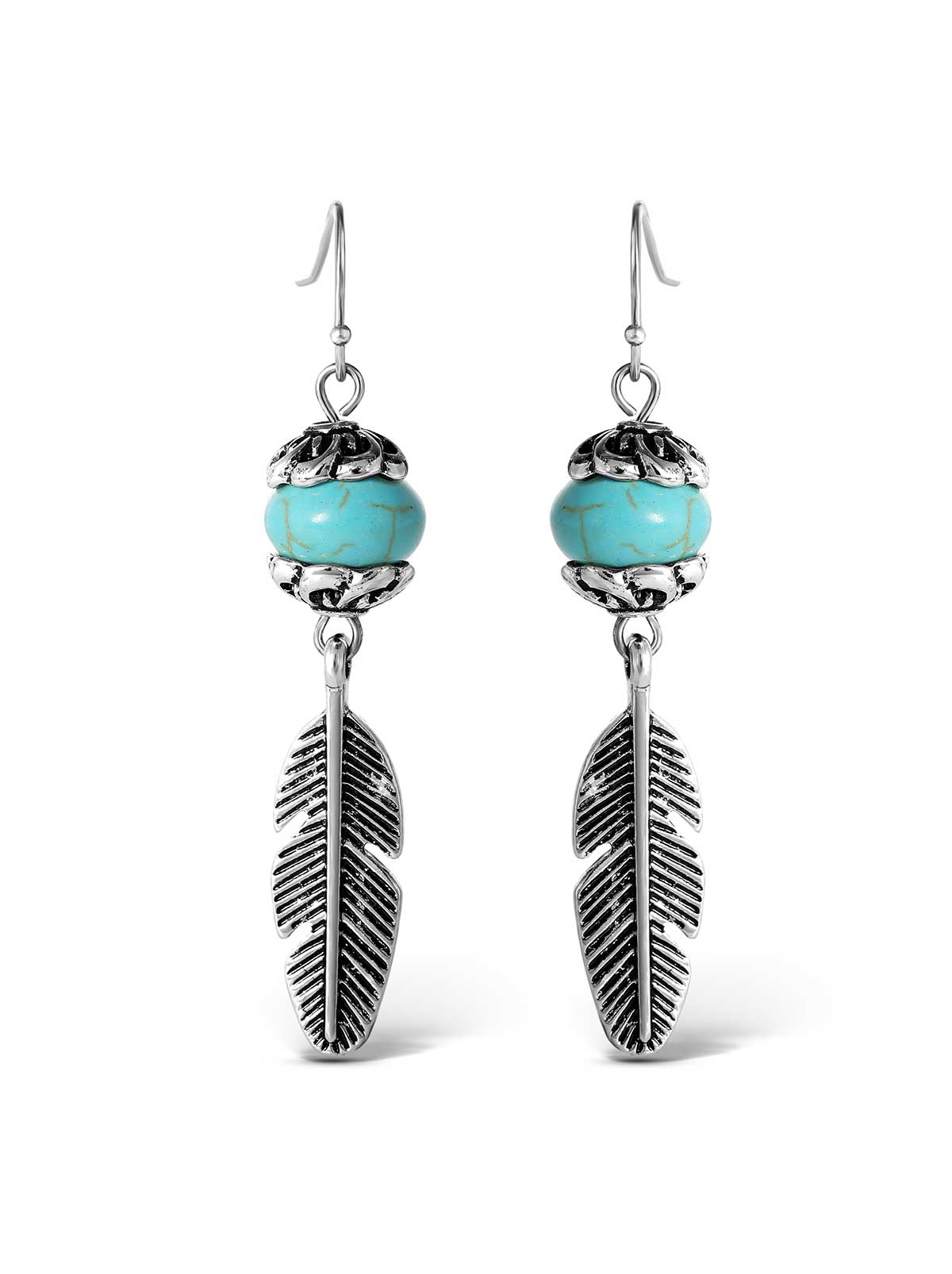 Jessica Simpson Outlet | Turquoise Bead Feather Drop Earrings in Silver