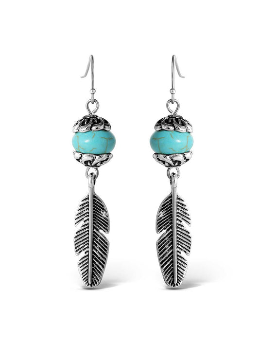 Jessica Simpson Outlet | Turquoise Bead Feather Drop Earrings in Silver