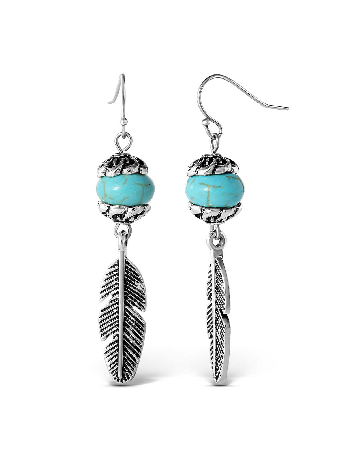 Jessica Simpson Outlet | Turquoise Bead Feather Drop Earrings in Silver
