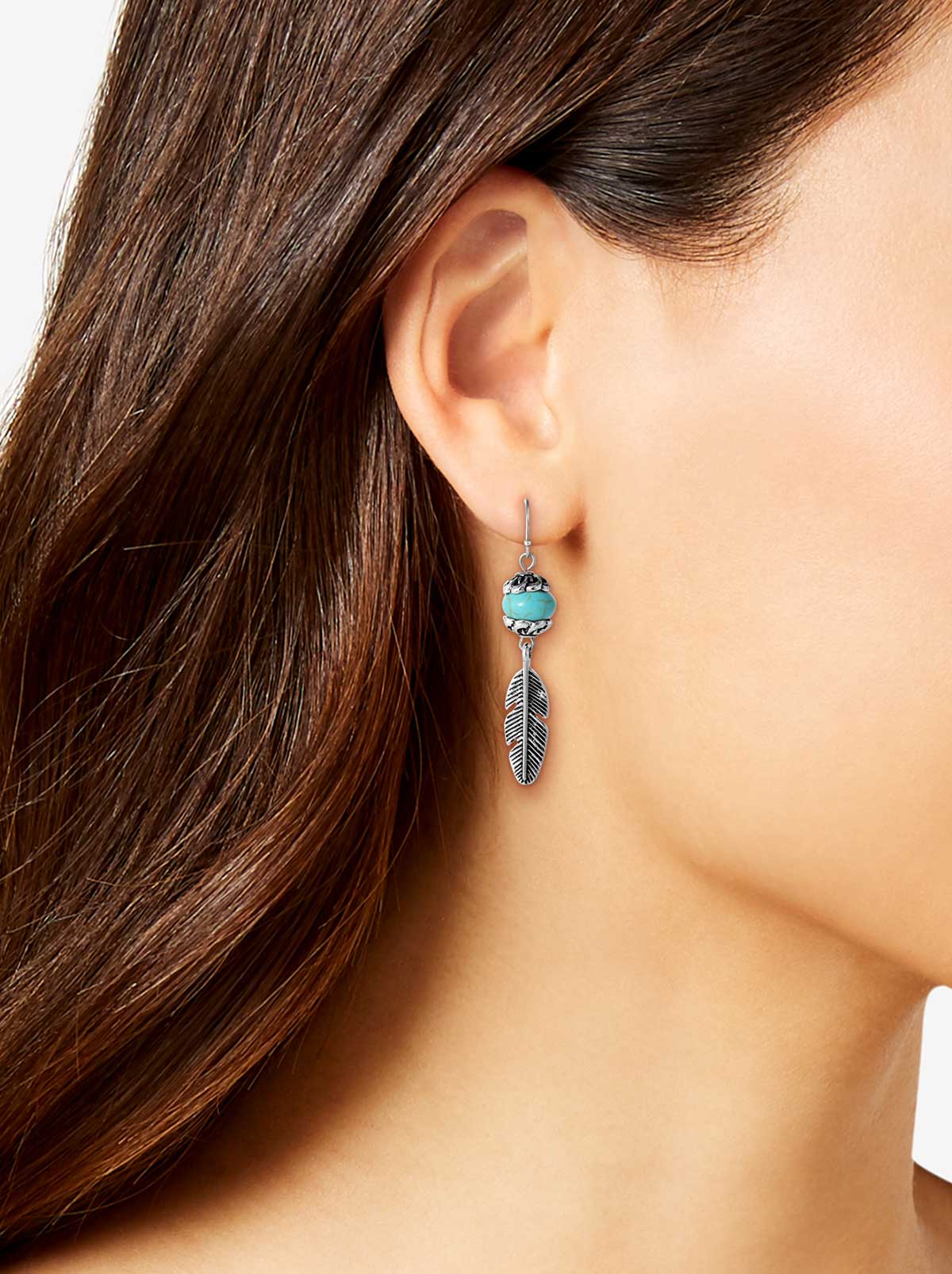 Jessica Simpson Outlet | Turquoise Bead Feather Drop Earrings in Silver