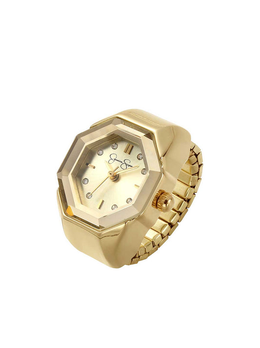 Jessica Simpson Outlet | Faceted Bezel Crystal Ring Watch in Gold