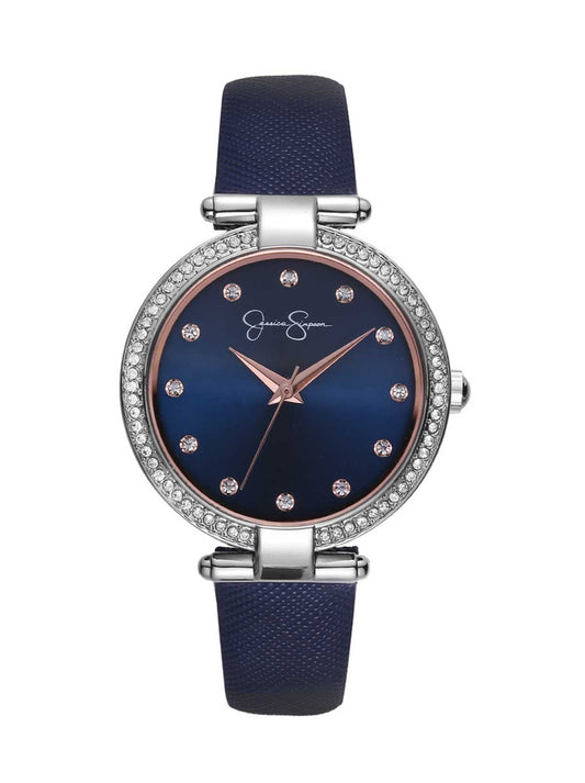 Jessica Simpson Online | Crystal Bezel Navy Strap Watch in Silver Tone