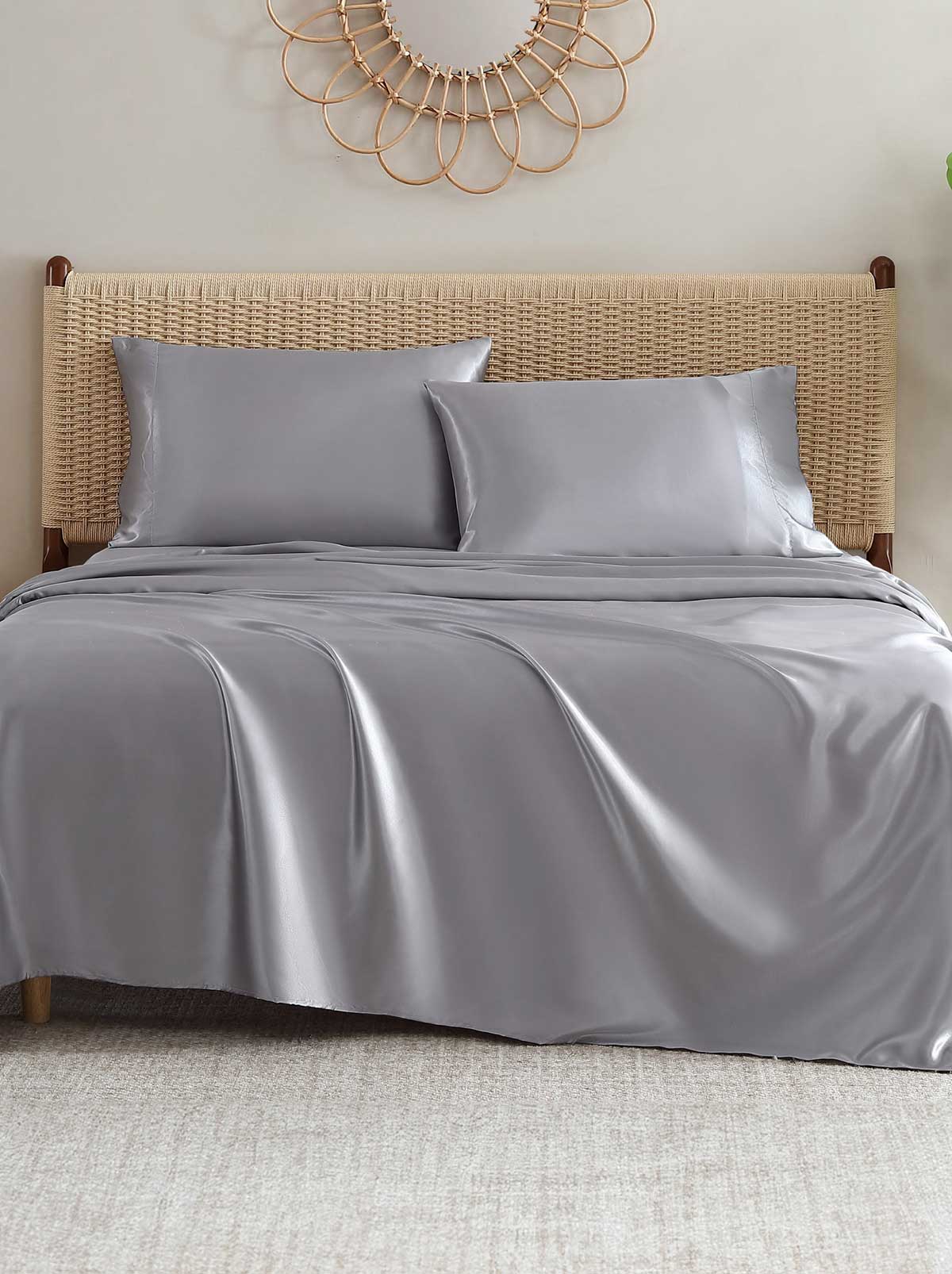 Jessica Simpson On Sale | Silky Satin Sheet Set in Harbor Mist Grey